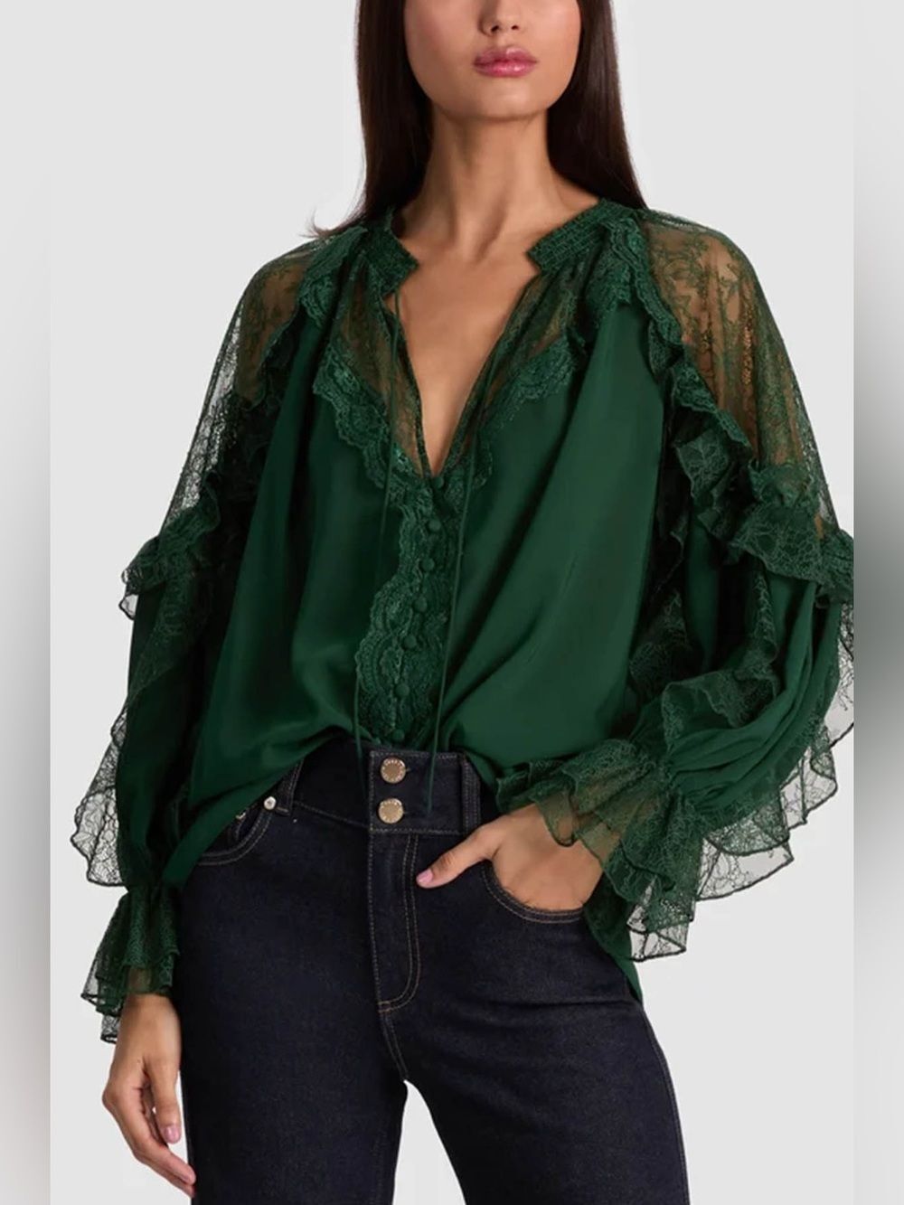 Alice & Olivia Aleena lace ruffled blouse in green • XL
